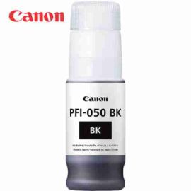 Botella de tinta pigmentada original Canon PFI050 negro de 70 ml en su envase oficial de fábrica con boquilla de inyección limpia y sello de autenticidad.