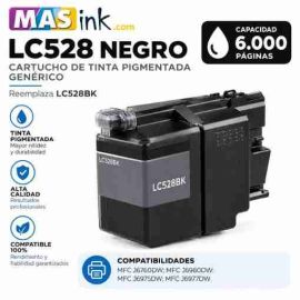 Cartucho de tinta pigmentada compatible Brother LC528 negro de alta capacidad en envase protector sellado con chip digital PRO instalado.