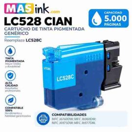 Cartucho de tinta pigmentada compatible Brother LC528 cian de alta capacidad en envase protector sellado con chip digital PRO instalado.