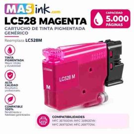Cartucho de tinta pigmentada compatible Brother LC528 magenta de alta capacidad en envase protector de plástico sellado con chip digital PRO instalado.