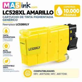 Cartucho de tinta pigmentada compatible Brother LC528XL amarillo de ultra alta capacidad en envase protector sellado con chip digital PRO instalado.