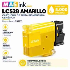 Cartucho de tinta pigmentada compatible Brother LC528 amarillo de alta capacidad en envase protector de plástico sellado con chip digital PRO instalado.