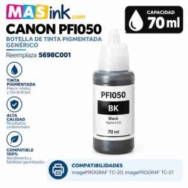 Botella de tinta pigmentada compatible Canon PFI050 negro de 70 ml para recarga de depósitos de plóter imagePROGRAF en envase hermético con boquilla antigoteo.