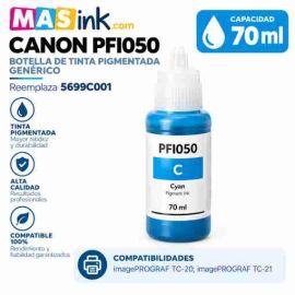 Botella de tinta pigmentada compatible Canon PFI050 cian de 70 ml para recarga de depósitos de impresora imagePROGRAF en envase hermético con boquilla antigoteo.