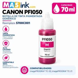 Botella de tinta pigmentada compatible Canon PFI050 magenta de 70 ml para recarga de depósitos de impresora imagePROGRAF en envase hermético con boquilla antigoteo.