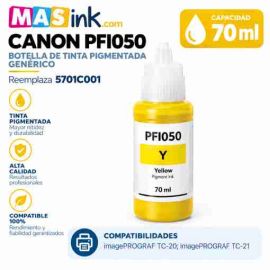 Botella de tinta pigmentada compatible Canon PFI050 magenta de 70 ml para recarga de depósitos de impresora imagePROGRAF en envase hermético con boquilla antigoteo.