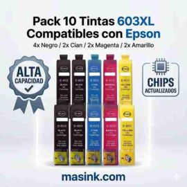 Pack de 10 tintas compatibles 603XL para impresoras Epson - 4 Negros, 2 Cian, 2 Magenta y 2 Amarillo con chips actualizados - masink.com