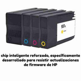 Pack de ahorro de 4 cartuchos de tinta pigmentada compatible HP 937e XL en pack multicolor con chips digitales de alta precisión reforzados contra actualizaciones de firmware.